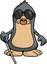 Ein Maulwurf mit Sonnenbrille, weißem Stock und Armbinde in Frontalansicht.