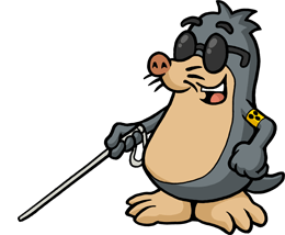 Unser Maskottchen AUGust Eine Zeichnung eines Maulwurfs mit Brille, weißem Stock und Armbinde.