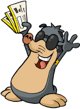 Maskottchen AUGust freut sich über seinen Gewinn. Ein Maulwurf mit Armbinde und Brille hält fröhlich seine Hände nach oben und hat in der rechten Hand drei Lose.