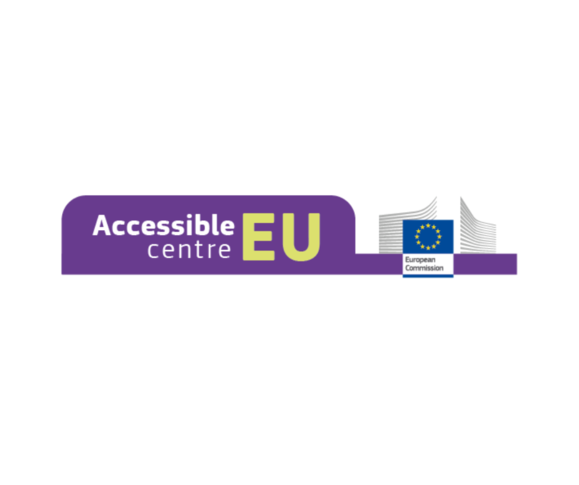 Die Veranstaltung wird organisiert vom AccessibleEU Centre, dem Europäischen Ressourcenzentrum für Barrierefreiheit. Logo in lila mit weißer Schrift: Accessible EU centre. rechts das Logo der EU Kommission