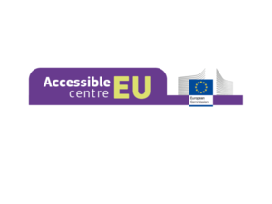 Logo in lila mit weißer Schrift: Accessible EU centre. rechts das Logo der EU Kommission