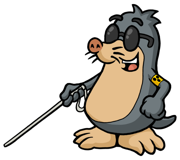 Maulwurf AUGust freut sich über seine wichtigen Aufgaben als Maskottchen Maulwurf AUGust mit Taststock, Sonnenbrille und gelber Armbinde