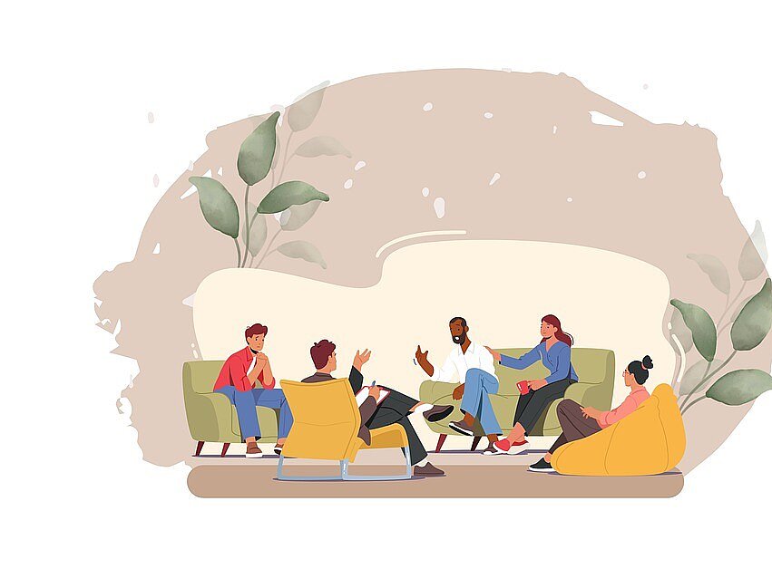 Illustration mehrere Personen auf einer Couch sitzend, welche sich Austauschen und miteiner interagieren. Der Hintergrund ist in Pastellfarben gehalten.