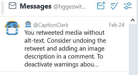 Screenshot Nachricht von CaptionClerk: You retweeted media without alt-text. Consider undoing the retweet and adding an image description in a comment.