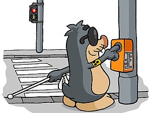 Akustisch-taktile Ampeln sollten nur von Verkehrsteilnehmern betätigt werden, die aufgrund einer Sehbehinderung darauf angewiesen sind. Maskottchen AUGust mit Langstock wartet vor einer roten Fußgängerampel und fordert die akustische Freiphase an.