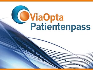 Patientenpass für Diabetiker von ViaOpta Blau-oranges Logo des ViaOpta Patientenpasses