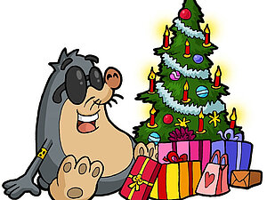 Schenken Sie blinden Menschen zu Weihnachten ein Lächeln! Danke. Comic: Unser Maskottchen, der blinde Maulwurf AUGust, sitzt vor einem Weihnachtsbaum mit vielen bunten Geschenken.