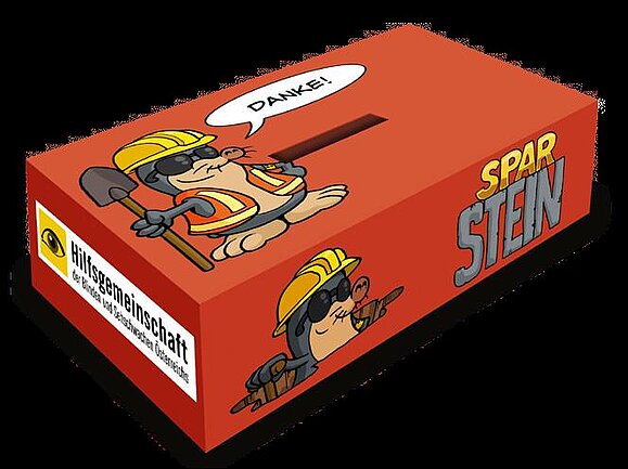 Ein "Sparstein" als symbolischer Dank für Ihre Bau-Spende. Ein roter Sparstein, das ist ein Sparschwein in Form eines Bausteines, mit unserem Maskottchen AUGust als Bauarbeiter