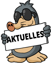 Maulwurf AUGust mit einem Schild "Aktuelles" Maulwurf AUGust mit einem Schild "Aktuelles"