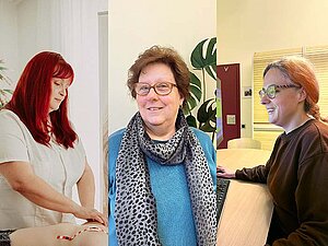 Fotos dreier Frauen nebeneinander: Eine trägt weißen Kittel und tastet die Brust einer Frau ab, die vor ihr liegt. Sie hat knallrote Haare. Die nächste lächelt in die Kamera, hat kurze braune Haare und eine Brille und trägt ein gemustertes graues Halstuch zu einem blauen Pullover. Die letzte lächelt während sie im Büro am Computer arbeitet, sie hat orange Haare zu einem Zopf geflochten und trägt eine Brille.  