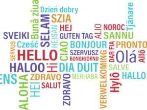 "Guten Tag" in verschiedenen Sprachen auf weißem Hintergrund