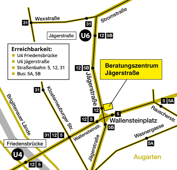 Ein Orientierungsplan, auf dem Straßen und Stationen des öffentlichen Verkehrs eingezeichnet sind. Mit einem gelben Feld ist der Standort der Hilfsgemeinschaft gekennzeichnet.