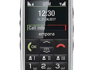 Schwarzes Tastenhandy mit Screen, dieser zeigt 12:30 Uhr an. 