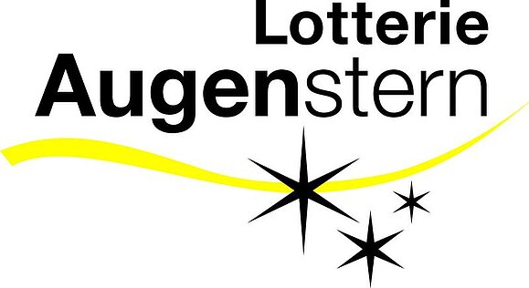 Logo Lotterie Augenstern Logo mit Schriftzug "Lotterie Augenstern", darunter gelbe Welle und 3 Sterne.