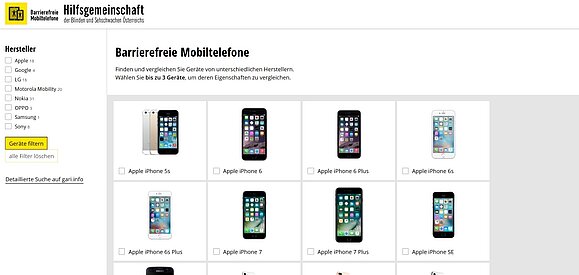 Vergleichsportal für barrierefreie Mobiltelefone Ein Screenshot des Vergleichsportals für barrierefreie Mobiltelefone. Links kann nach Hersteller gefiltert werden. Rechts werden mehrere Mobiltelefone in Kästchen gezeigt.