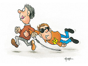 Mann mit Weißem Stock, Armbinde und Sonnenbrille wird von anderem Mann, der eifrig rennt, am Arm hinterhergeschleift und schaut unglücklich.  