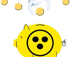 Sparschwein mit Blindensymbol Eine von oben kommende Hand füllt eine Münze in ein Sparschwein mit Blindensymbol. Das Bild trägt die Überschrift "Ihre Hilfe zählt!"