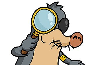 Heute erklärt AUGust, was künstliche Intelligenz eigentlich bedeutet. Illustration von Maulwurf, der durch Lupe schaut