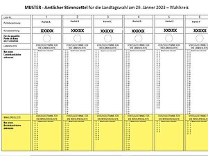 Muster Wahlschablone der Landtagswahlen Niederösterreich: Oben 6 Parteien zum Ankreuzen und jew. eine lange Spalte mit Namen und dazugehörigen Kästchen