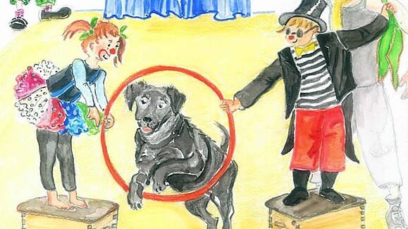 Blindenführhund Watson bei einer Aufführung in der Schule, Copyright: Anja Feil Blindenführhund Watson springt durch einen Reifen, der von zwei Clowns gehalten wird , Copyright: Anja Feil