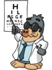 Maulwurf AUGust als Augenarzt Maulwurf AUGust mit Brille und Ärztemantel zeigt mit einem Zeigestab auf eine Tafel mit Buchstaben.